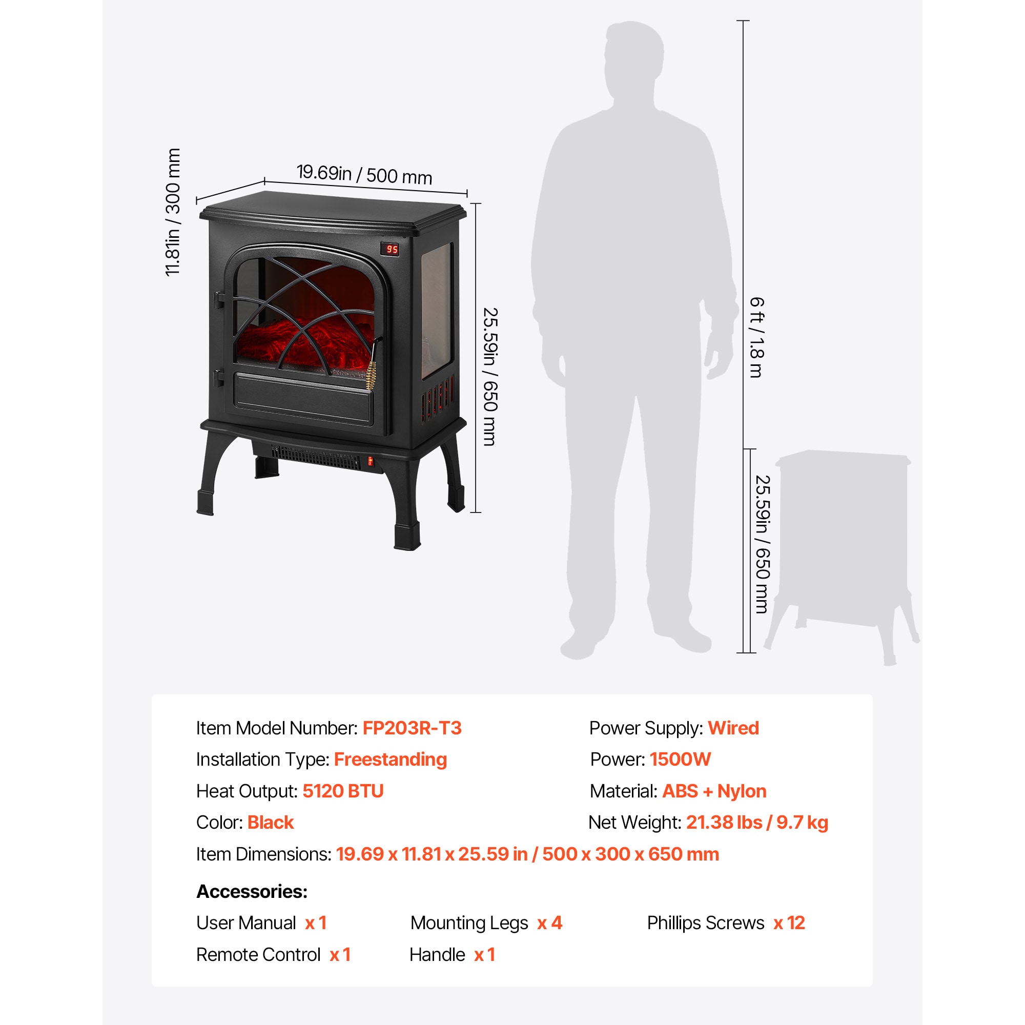 25.5 Inch Freestanding Electric Fireplace Heater 1500W Adjustable Flames Remote_voghion.com